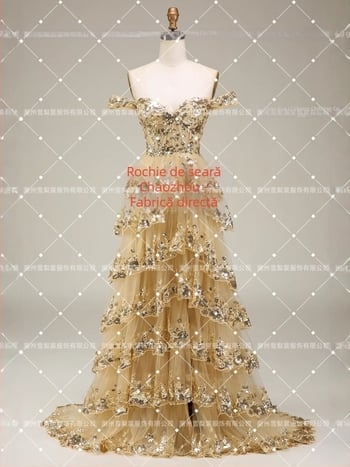 Rochie de mireasă/ de seară: lungă, decolteu adânc în V, umăr reglabil, talie accentuată