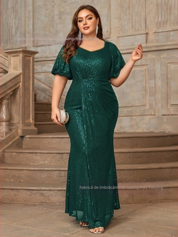 Rochie de seară lungă cu mâneci de tip clopot scurte, guler rotund, material poliester, fustă lungă