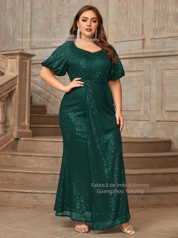 Rochie de seară lungă cu mâneci de tip clopot scurte, guler rotund, material poliester, fustă lungă