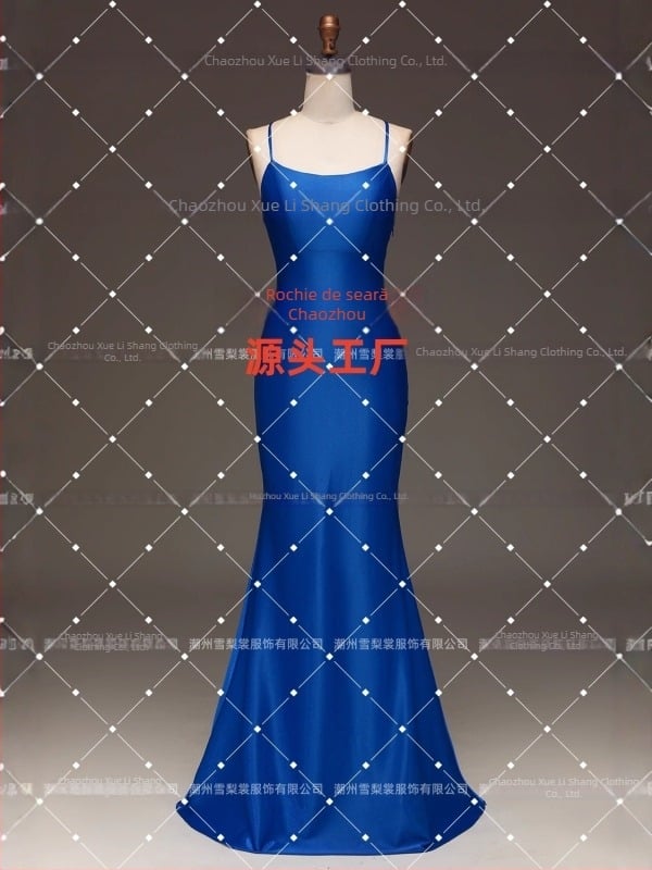 Rochie de seară lungă cu bretele spaghetti, decolteu în V, poliester, căptușeală din bumbac, lungime 147 cm