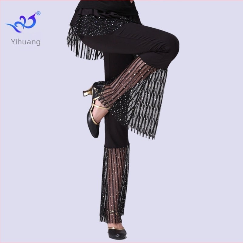 Pantalon-fustă de dans pentru sală cu paiete, țesătură Milk Silk, 95% poliester, 5% spandex, pentru femei, potrivit pentru dansuri latino, square și ballroom