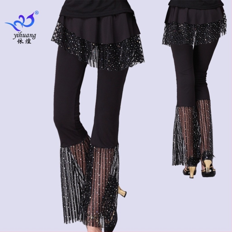Pantalon-fustă de dans pentru sală cu paiete, țesătură Milk Silk, 95% poliester, 5% spandex, pentru femei, potrivit pentru dansuri latino, square și ballroom