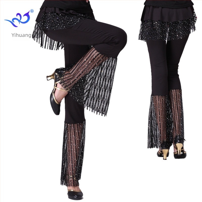Pantalon-fustă de dans pentru sală cu paiete, țesătură Milk Silk, 95% poliester, 5% spandex, pentru femei, potrivit pentru dansuri latino, square și ballroom