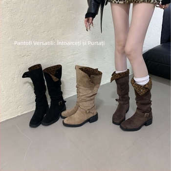 Cizme peste genunchi pentru femei, toc mediu 3–5 cm, exterior din Super Fiber, talpă din cauciuc