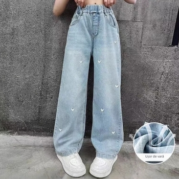 Blugi pentru fetițe, stil coreean, croială largă, broderie inimă, 70% bumbac, talie medie, talie elastică, țesătură moale