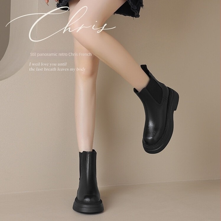 Botine Chelsea Kazibu, partea superioară din piele de miel, talpă din cauciuc, vârf rotund, gleznă joasă, toc gros 3-5 cm, pentru femei