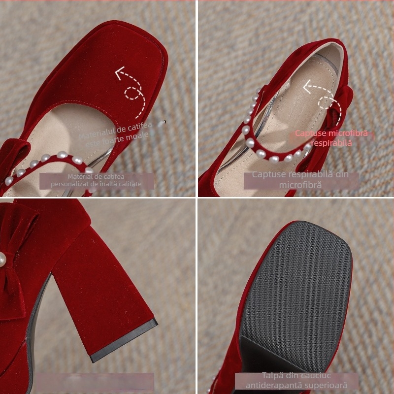 Pantofi de nuntă cu vârf pătrat, partea superioară din catifea întoarsă, toc gros foarte înalt și talpă din cauciuc.