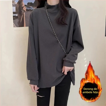 Bluza de maternitate pentru toamnă-iarnă, guler semi-turtneck, croială lejeră, manșete lungi, imprimeu color-block, poliester 70–80%