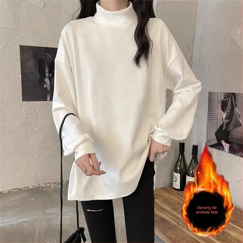 Bluza de maternitate pentru toamnă-iarnă, guler semi-turtneck, croială lejeră, manșete lungi, imprimeu color-block, poliester 70–80%