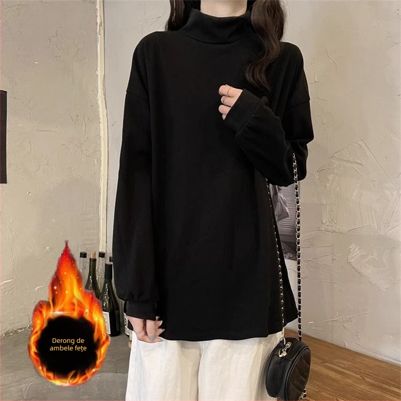 Bluza de maternitate pentru toamnă-iarnă, guler semi-turtneck, croială lejeră, manșete lungi, imprimeu color-block, poliester 70–80%