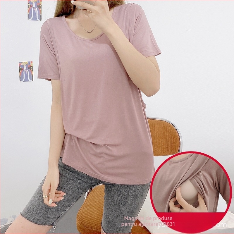 Top de alăptare cu guler rotund, mâneci scurte, lungime medie 65–80 cm, material modal cu bumbac organic, cu deschidere pentru alăptare