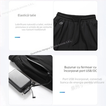 Pantaloni bărbați încălziți electric cu încălzire în trei trepte, opt zone, talie înaltă, croială dreaptă, exterior poliester cu căptușeală de poliester, pentru iarnă