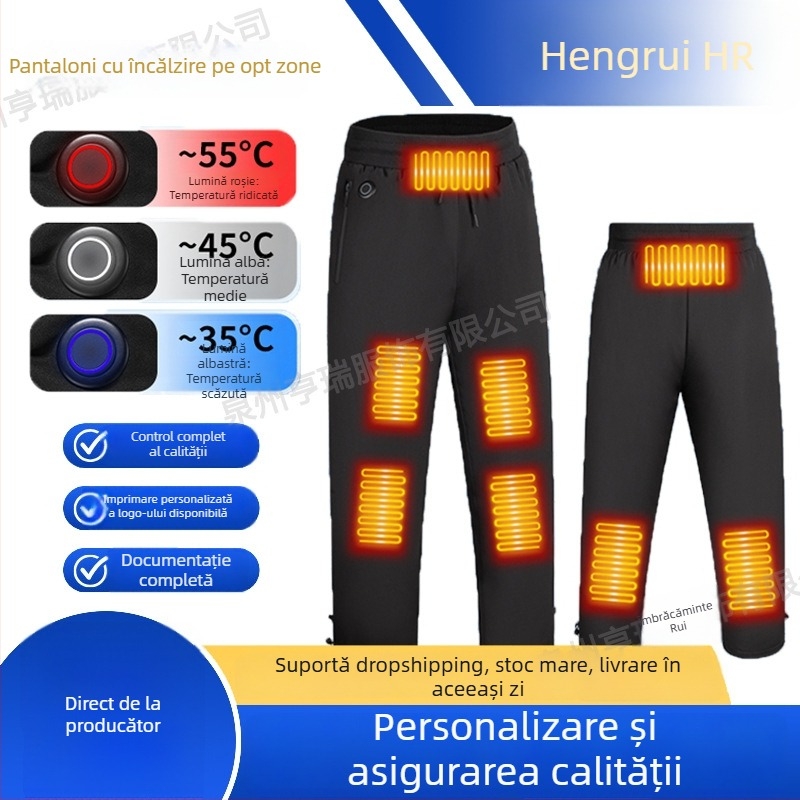 Pantaloni bărbați încălziți electric cu încălzire în trei trepte, opt zone, talie înaltă, croială dreaptă, exterior poliester cu căptușeală de poliester, pentru iarnă