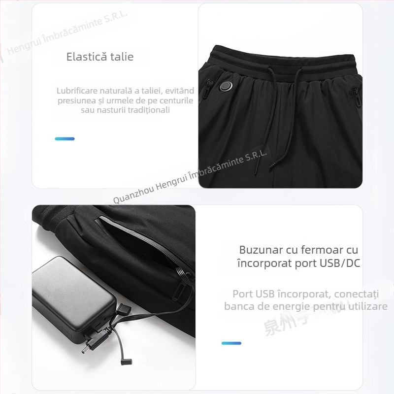 Pantaloni bărbați încălziți electric cu încălzire în trei trepte, opt zone, talie înaltă, croială dreaptă, exterior poliester cu căptușeală de poliester, pentru iarnă