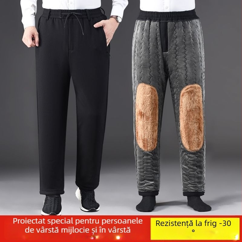 Pantaloni de iarnă pentru bărbați, cu căptușeală din fleece, umplere din mătase-cotton, croială dreaptă