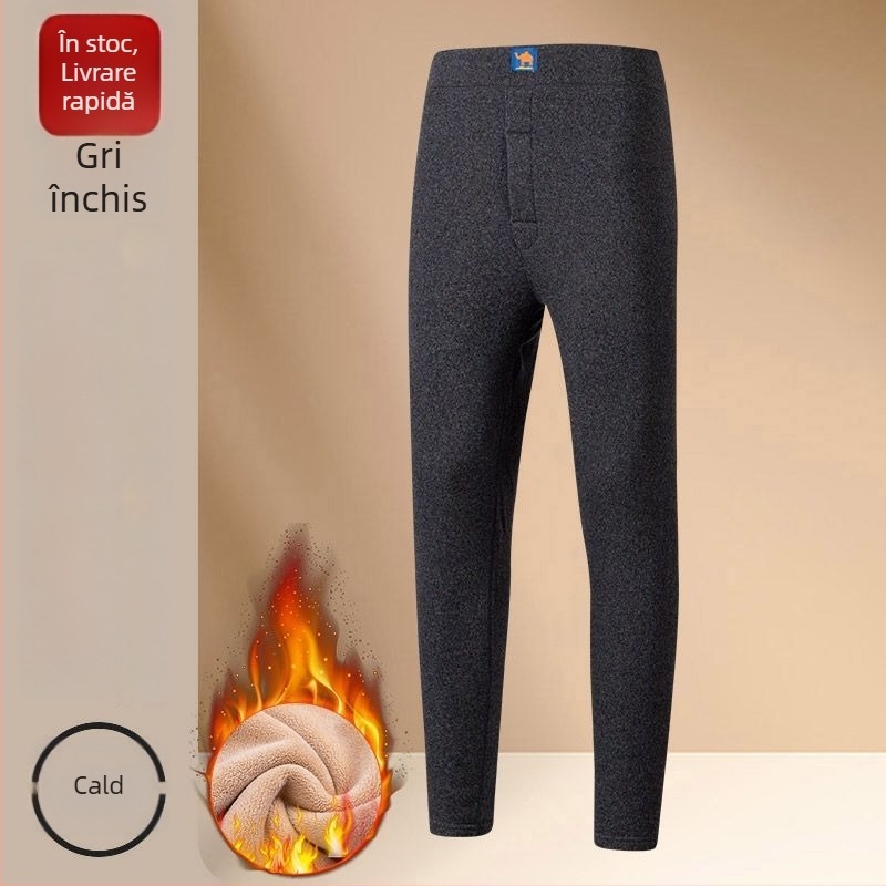 Pantaloni termici drepți pentru bărbați, cu umplutură din mătase-cotton, groși, talie înaltă, exterior și căptușeală din piele artificială (Primăvara 2025)