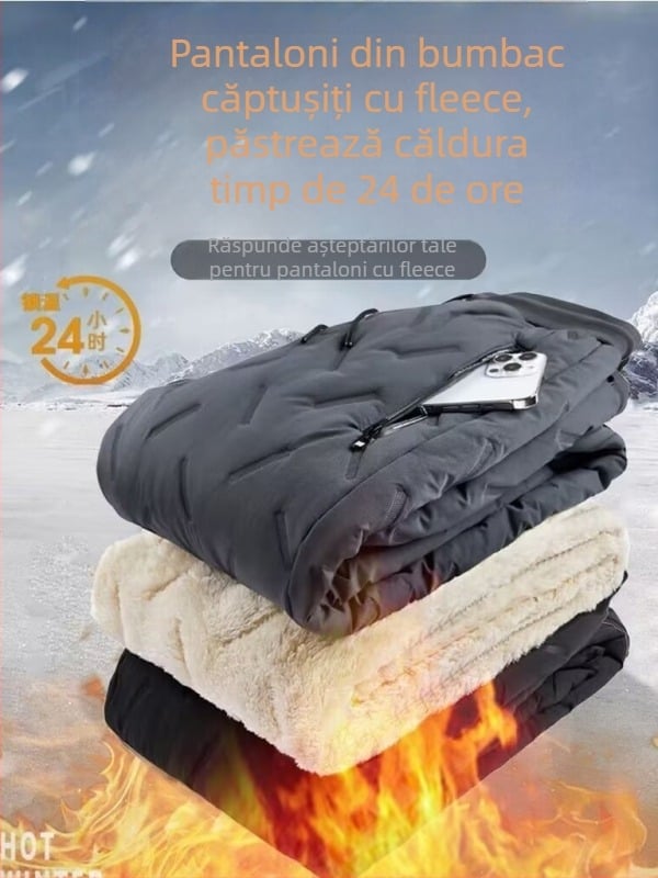 Pantaloni din bumbac cu căptușeală fleece, groși, croială lejeră, talie medie, pentru iarnă