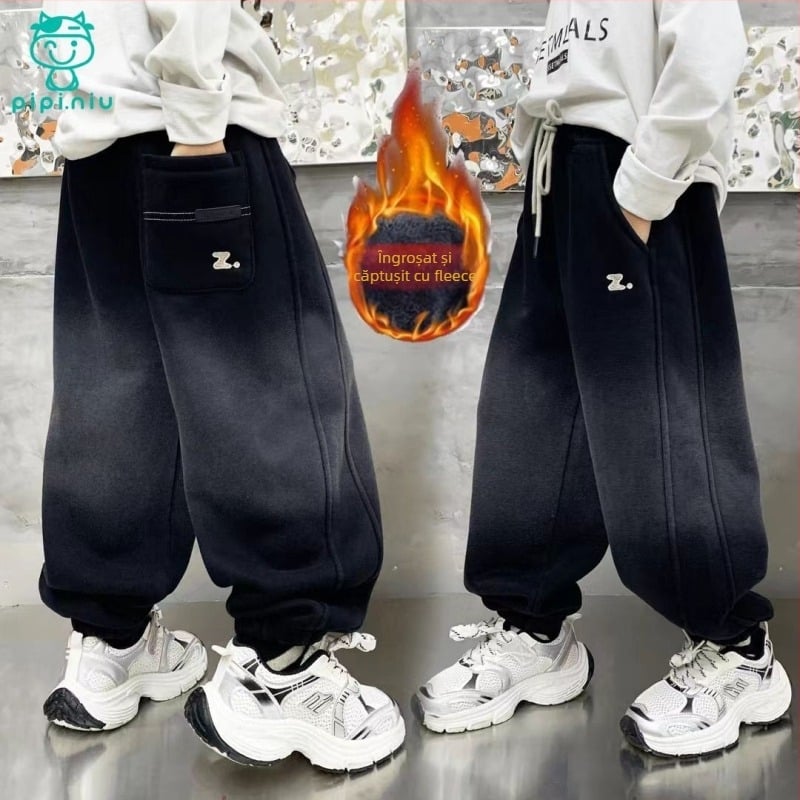 Pantaloni trening pentru băieți Fengju, cu fleece, talie înaltă, croi drept, design gradient cu litera Z, căptuți cu bumbac, iarnă