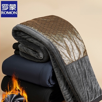 Romon pantaloni casual pentru bărbați, drepti – căptușeală din fleece groasă, umplutură din mătase și bumbac, material din piele artificială, iarna 2024