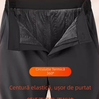 Romon pantaloni casual pentru bărbați, drepti – căptușeală din fleece groasă, umplutură din mătase și bumbac, material din piele artificială, iarna 2024