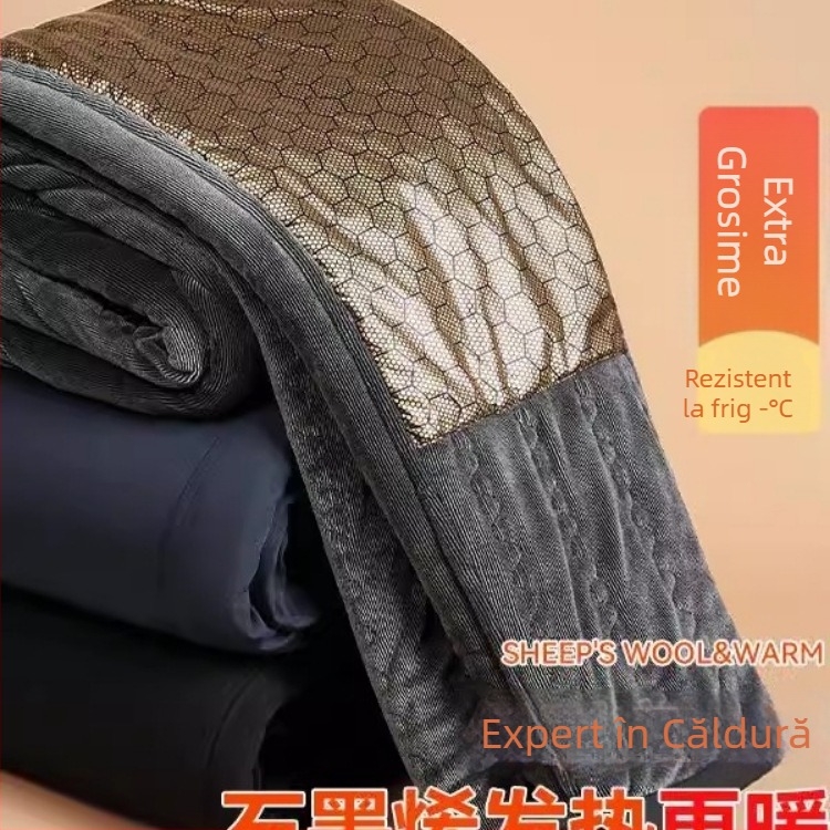 Romon pantaloni casual pentru bărbați, drepti – căptușeală din fleece groasă, umplutură din mătase și bumbac, material din piele artificială, iarna 2024