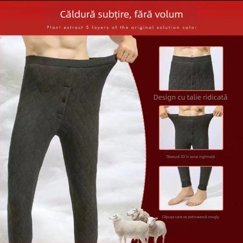 Pantaloni bărbați drepți, fleece gros, design simplu, umplutură: mătase-cotton, material principal: piele artificială