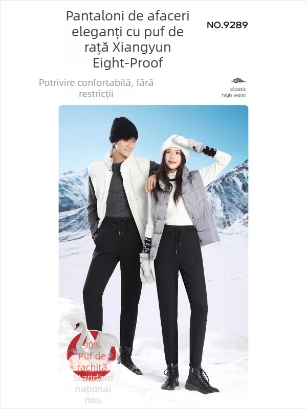 Pantaloni cu puf de gâscă albă, material exterior nylon, talie medie, croială dreaptă, lungime 9/10