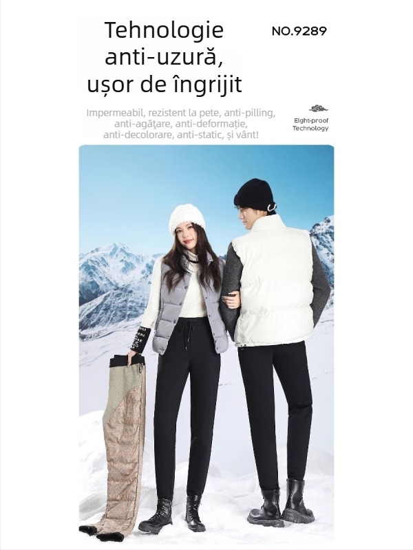 Pantaloni cu puf de gâscă albă, material exterior nylon, talie medie, croială dreaptă, lungime 9/10