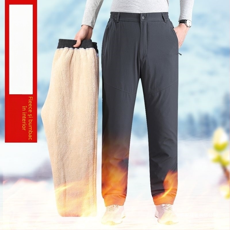 Pantaloni bărbătești drepti, cu umplutură din mătase-pamuk, culoare solidă, talie înaltă, țesătură groasă, pentru vârstnici