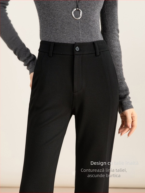 Pantaloni evazați talie înaltă, model trompetă, amestec viscoză-niloni, țesătură groasă, iarnă 2025