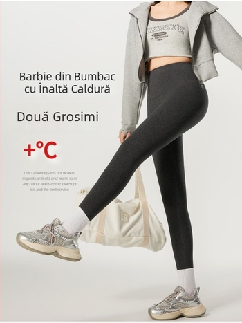 Pantaloni din bumbac, căptușiți cu fleece pentru iarnă, talie înaltă, croială strânsă, lungime 9/10