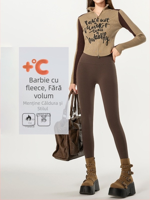 Pantaloni din bumbac, căptușiți cu fleece pentru iarnă, talie înaltă, croială strânsă, lungime 9/10
