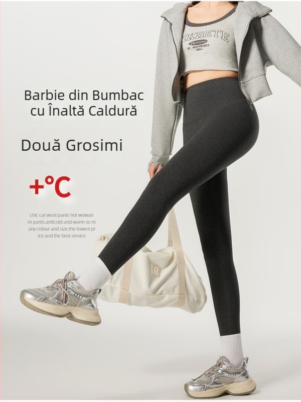 Pantaloni din bumbac, căptușiți cu fleece pentru iarnă, talie înaltă, croială strânsă, lungime 9/10