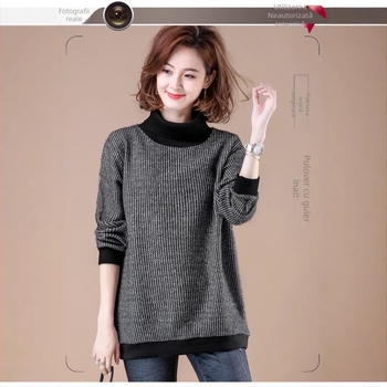 Pulover cu fleece pe interior, mărime plus, guler semi-turtleneck, model floral, croială lejeră