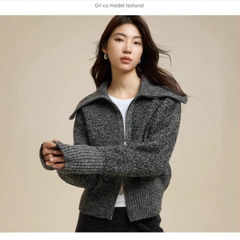 Cardigan tricotat din 100% lână de oaie, textură Loop Yarn, fermoar, guler tip lapel, stil elegant pentru birou