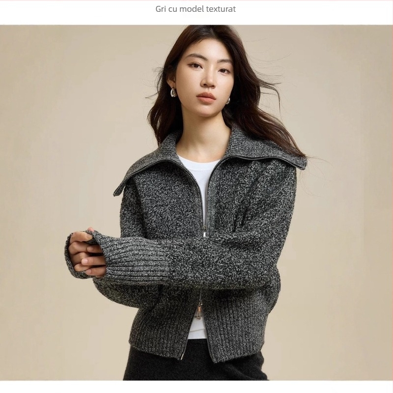 Cardigan tricotat din 100% lână de oaie, textură Loop Yarn, fermoar, guler tip lapel, stil elegant pentru birou