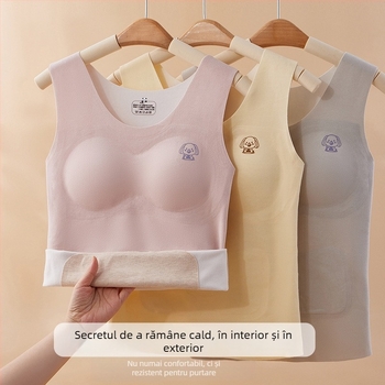 Vestă termică pentru fete adolescente, căptușită cu fleece, dublu strat, guler rotund, pulover, poliester