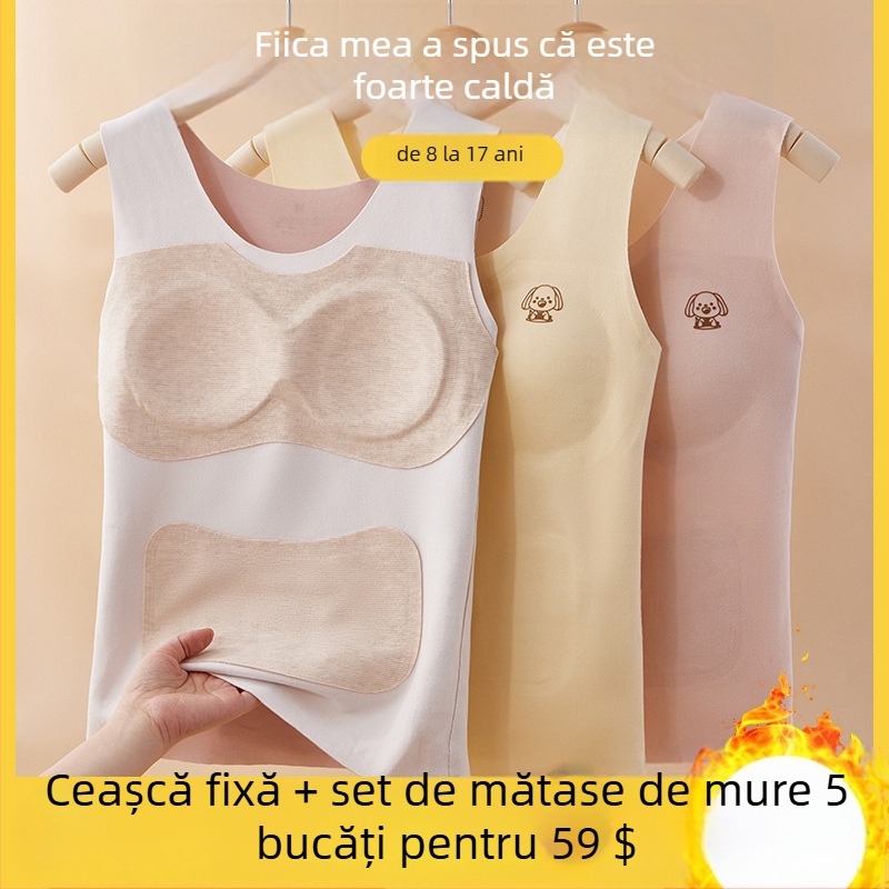 Vestă termică pentru fete adolescente, căptușită cu fleece, dublu strat, guler rotund, pulover, poliester