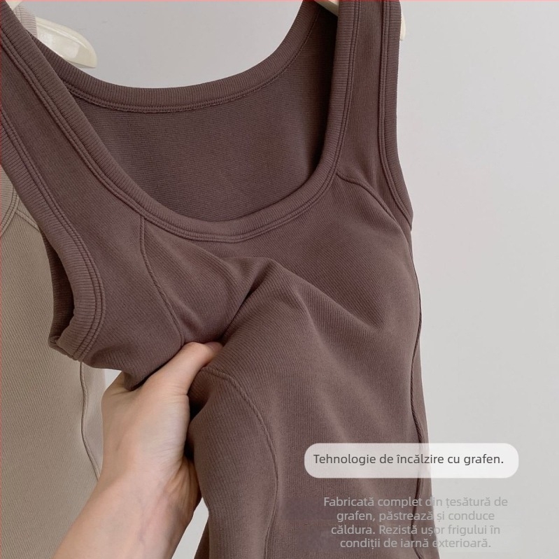 Vesta termică pentru femei cu pernă pentru bust, din poliester, în două straturi, căptușeală de catifea, decolteu în formă de U, fără mâneci