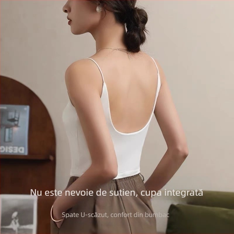 Camisolă scurtă de vară cu spate în formă de U, cu pernuțe de sân încorporate, fără sârmă, croială dintr‑o bucată, bretele subțiri