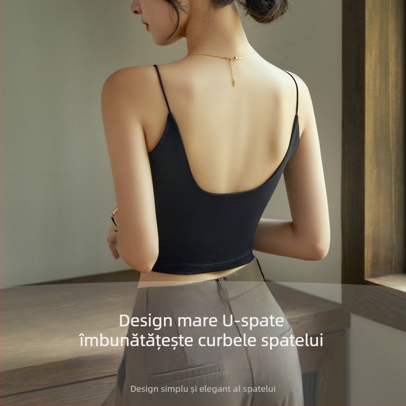 Camisolă scurtă de vară cu spate în formă de U, cu pernuțe de sân încorporate, fără sârmă, croială dintr‑o bucată, bretele subțiri