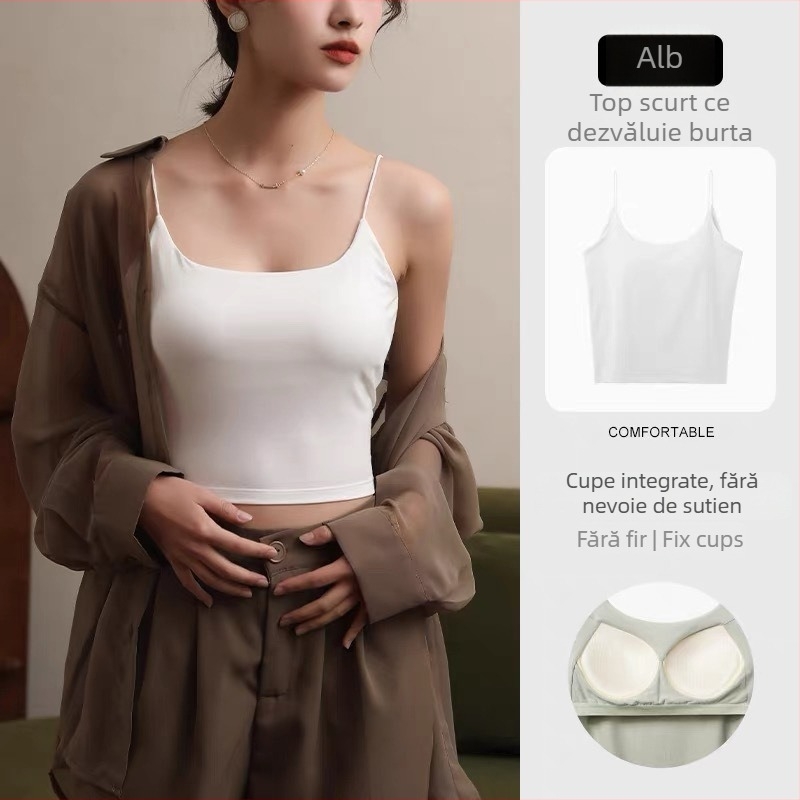Camisolă scurtă de vară cu spate în formă de U, cu pernuțe de sân încorporate, fără sârmă, croială dintr‑o bucată, bretele subțiri