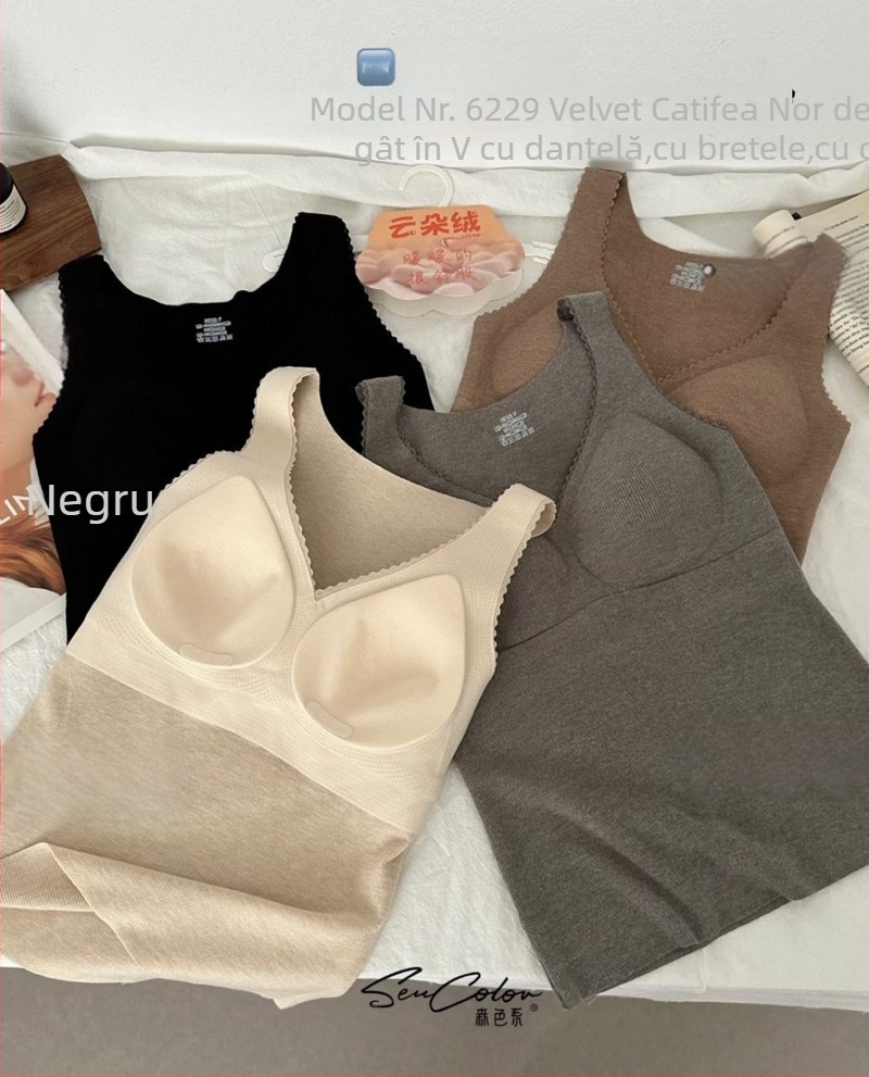 Vesta termică cu cupe încorporate și pernă pentru sân, cu glugă, decolteu drept, din viscose, grosime moderată (181–200 g/m²)