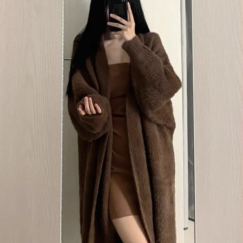 Cardigan lung tricotat pentru femei, stil literar retro, poliester, conținut 30–50%, mâneci prințesă, decolteu în V, decor tridimensional