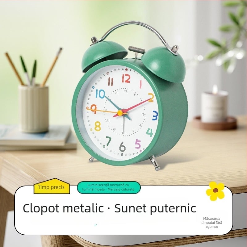 Ceas deșteptător cu cadran iluminat în întuneric, alimentat pe baterii, afișaj unic cu săgeată și cifre, mișcare silențioasă și funcție de alarmă