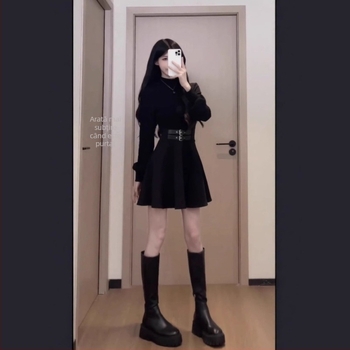 Rochie - țesătură poliester; model solid; siluetă în formă de A; guler semi-turtleneck; mâneci lungi