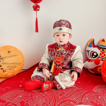 Costum Tang Chinez pentru copii - Viscoză 65% - Jacquard brocart - Captușeală poliester - Pentru vârste 1-3 ani