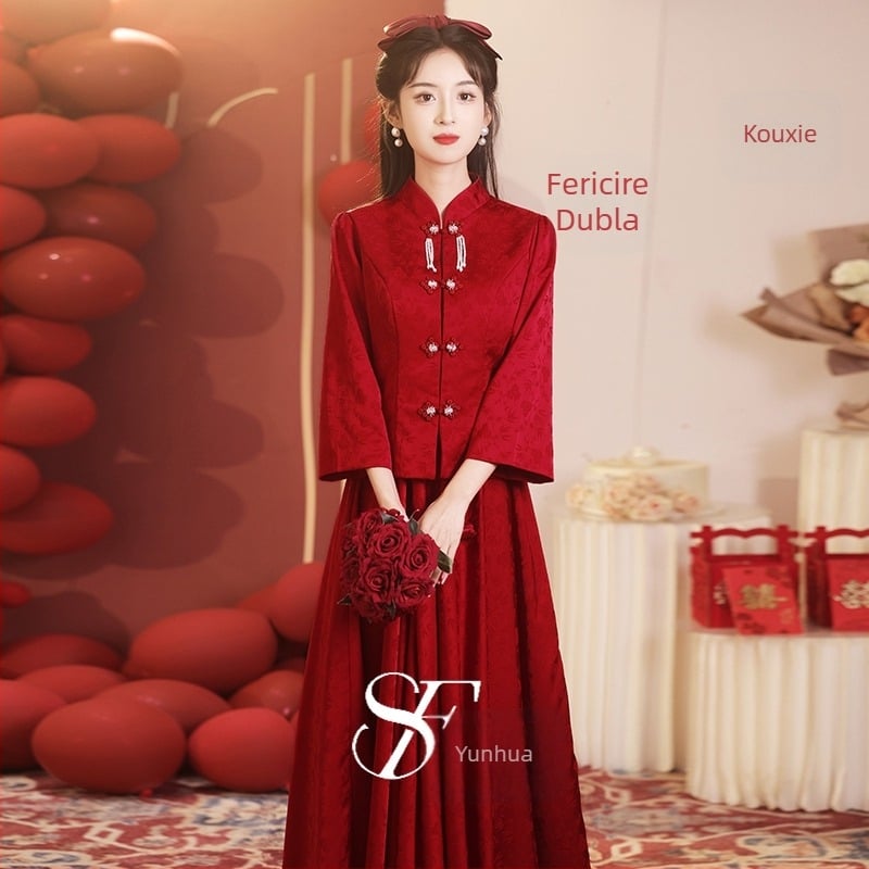 Rochie de mireasă în stil chinezesc, mâneci trei sferturi, siluetă A-line, poliester, fustă lungă