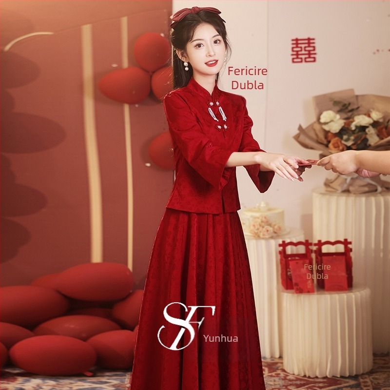 Rochie de mireasă în stil chinezesc, mâneci trei sferturi, siluetă A-line, poliester, fustă lungă