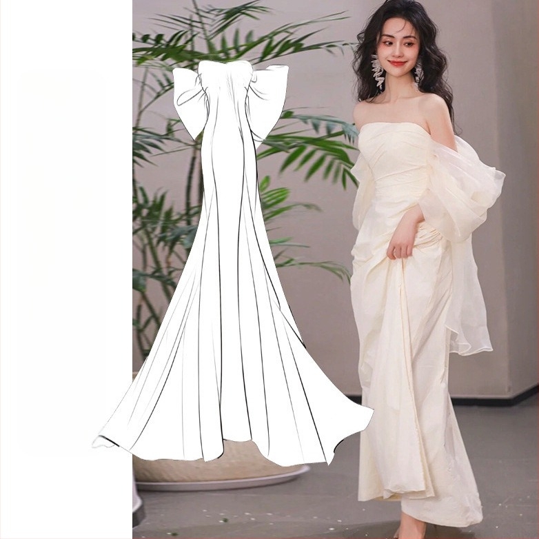 Rochie de mireasă la comandă, în linie A, decolteu tubular fără bretele, fără mâneci, talie înaltă și fustă lungă